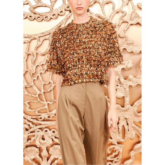 Ulla Johnson Silk-Blend Metallic Short-Sleeve Ruffle Carmella Blouse - Picture 3 of 6